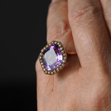 Load image into Gallery viewer, Antique Edwardian 18K Gold Amethyst &amp; Pearl Ring Emerald Cut - c.1900
