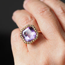 Load image into Gallery viewer, Antique Edwardian 18K Gold Amethyst &amp; Pearl Ring Emerald Cut - c.1900
