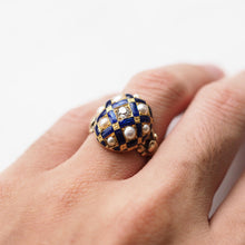 Load image into Gallery viewer, Antique Victorian Blue Enamel, Diamond &amp; Pearl Ring 14K Gold - c.1860
