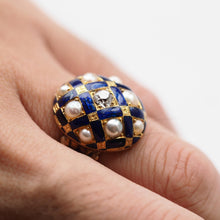 Load image into Gallery viewer, Antique Victorian Blue Enamel, Diamond &amp; Pearl Ring 14K Gold - c.1860

