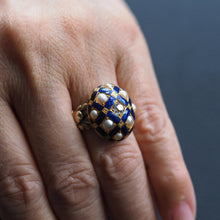 Load image into Gallery viewer, Antique Victorian Blue Enamel, Diamond &amp; Pearl Ring 14K Gold - c.1860
