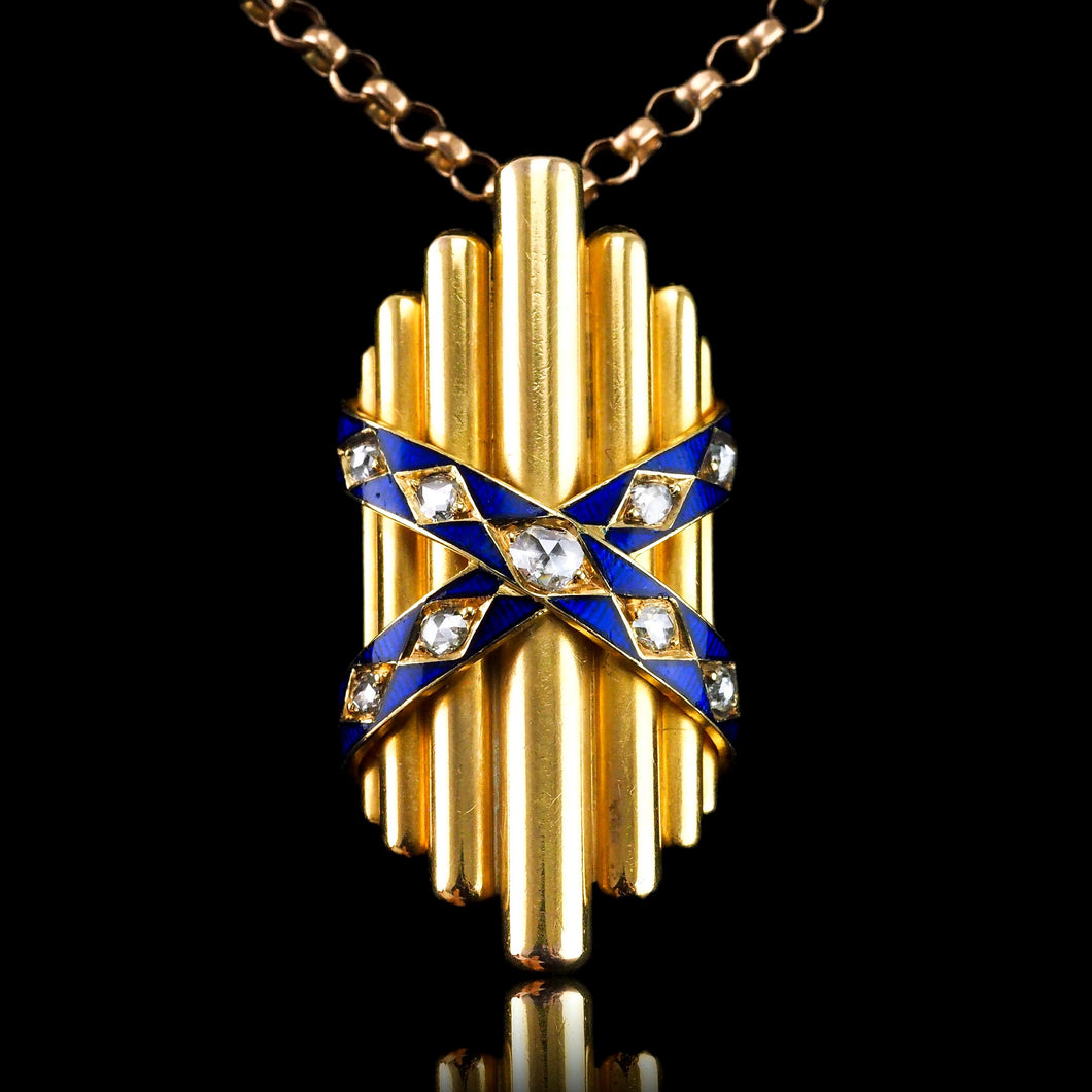 Antique Victorian 18K Gold Rose Cut Diamond & Blue Enamel Pendant - c.1880