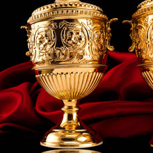 Load image into Gallery viewer, Antique Solid Silver Gilt Vase/Urn Pair with Figural Roman Classical Influences - George Nathan &amp; Ridley Hayes 1910
