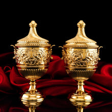 Load image into Gallery viewer, Antique Solid Silver Gilt Vase/Urn Pair with Figural Roman Classical Influences - George Nathan &amp; Ridley Hayes 1910
