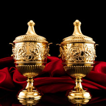 Load image into Gallery viewer, Antique Solid Silver Gilt Vase/Urn Pair with Figural Roman Classical Influences - George Nathan &amp; Ridley Hayes 1910
