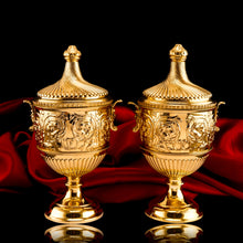 Load image into Gallery viewer, Antique Solid Silver Gilt Vase/Urn Pair with Figural Roman Classical Influences - George Nathan &amp; Ridley Hayes 1910

