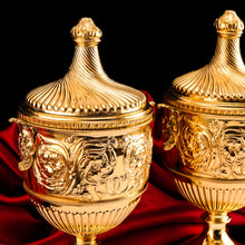 Load image into Gallery viewer, Antique Solid Silver Gilt Vase/Urn Pair with Figural Roman Classical Influences - George Nathan &amp; Ridley Hayes 1910
