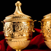 Load image into Gallery viewer, Antique Solid Silver Gilt Vase/Urn Pair with Figural Roman Classical Influences - George Nathan &amp; Ridley Hayes 1910
