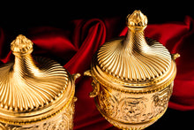 Load image into Gallery viewer, Antique Solid Silver Gilt Vase/Urn Pair with Figural Roman Classical Influences - George Nathan &amp; Ridley Hayes 1910
