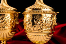 Load image into Gallery viewer, Antique Solid Silver Gilt Vase/Urn Pair with Figural Roman Classical Influences - George Nathan &amp; Ridley Hayes 1910
