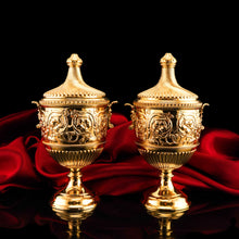 Load image into Gallery viewer, Antique Solid Silver Gilt Vase/Urn Pair with Figural Roman Classical Influences - George Nathan &amp; Ridley Hayes 1910
