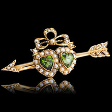 Load image into Gallery viewer, Antique Victorian Peridot &amp; Pearl Twin Heart Arrow Brooch 9K Gold - c.1900
