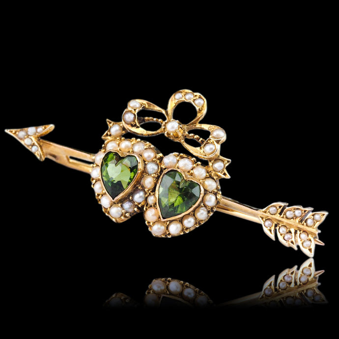 Antique Victorian Peridot & Pearl Twin Heart Arrow Brooch 9K Gold - c.1900