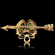 Load image into Gallery viewer, Antique Victorian Peridot &amp; Pearl Twin Heart Arrow Brooch 9K Gold - c.1900
