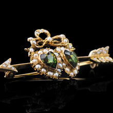 Load image into Gallery viewer, Antique Victorian Peridot &amp; Pearl Twin Heart Arrow Brooch 9K Gold - c.1900
