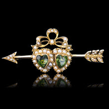 Load image into Gallery viewer, Antique Victorian Peridot &amp; Pearl Twin Heart Arrow Brooch 9K Gold - c.1900
