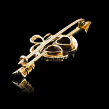 Load image into Gallery viewer, Antique Victorian Peridot &amp; Pearl Twin Heart Arrow Brooch 9K Gold - c.1900
