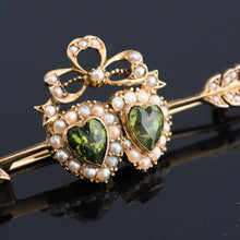 Load image into Gallery viewer, Antique Victorian Peridot &amp; Pearl Twin Heart Arrow Brooch 9K Gold - c.1900
