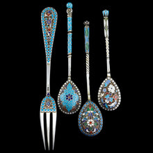 Load image into Gallery viewer, Antique Russian Silver Enamel Cloisonne Spoons and Fork Set c.1890 - Artisan Antiques
