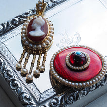 Load image into Gallery viewer, Antique Red Enamel Guilloche Brooch/Pendant Garnet, Pearls 14K Gold c.1870
