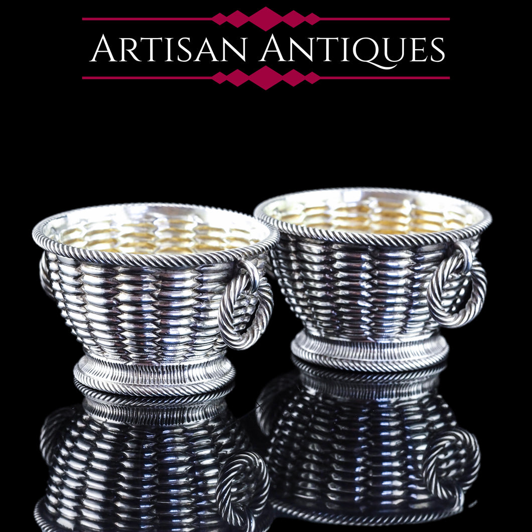 Antique Victorian Solid Silver Salts Basket Weave Design - Robert Hennell 1862