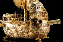 Load image into Gallery viewer, Antique Solid Silver Gilt Nef Ship Centrepiece with Mythological Figures &amp; English Royal Coat of Arms - c.1890
