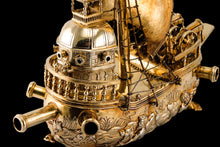 Load image into Gallery viewer, Antique Solid Silver Gilt Nef Ship Centrepiece with Mythological Figures &amp; English Royal Coat of Arms - c.1890
