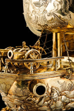 Load image into Gallery viewer, Antique Solid Silver Gilt Nef Ship Centrepiece with Mythological Figures &amp; English Royal Coat of Arms - c.1890
