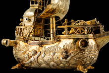 Load image into Gallery viewer, Antique Solid Silver Gilt Nef Ship Centrepiece with Mythological Figures &amp; English Royal Coat of Arms - c.1890
