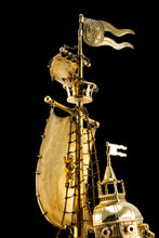 Load image into Gallery viewer, Antique Solid Silver Gilt Nef Ship Centrepiece with Mythological Figures &amp; English Royal Coat of Arms - c.1890
