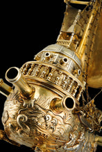 Load image into Gallery viewer, Antique Solid Silver Gilt Nef Ship Centrepiece with Mythological Figures &amp; English Royal Coat of Arms - c.1890
