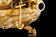 Load image into Gallery viewer, Antique Solid Silver Gilt Nef Ship Centrepiece with Mythological Figures &amp; English Royal Coat of Arms - c.1890
