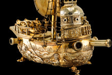 Load image into Gallery viewer, Antique Solid Silver Gilt Nef Ship Centrepiece with Mythological Figures &amp; English Royal Coat of Arms - c.1890
