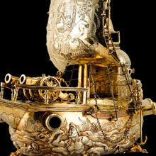 Load image into Gallery viewer, Antique Solid Silver Gilt Nef Ship Centrepiece with Mythological Figures &amp; English Royal Coat of Arms - c.1890
