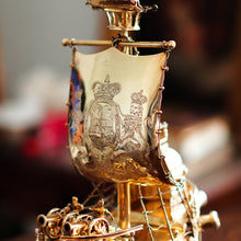 Load image into Gallery viewer, Antique Solid Silver Gilt Nef Ship Centrepiece with Mythological Figures &amp; English Royal Coat of Arms - c.1890
