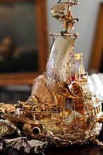 Load image into Gallery viewer, Antique Solid Silver Gilt Nef Ship Centrepiece with Mythological Figures &amp; English Royal Coat of Arms - c.1890
