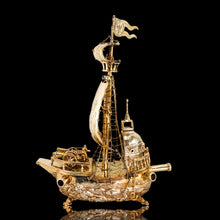 Load image into Gallery viewer, Antique Solid Silver Gilt Nef Ship Centrepiece with Mythological Figures &amp; English Royal Coat of Arms - c.1890
