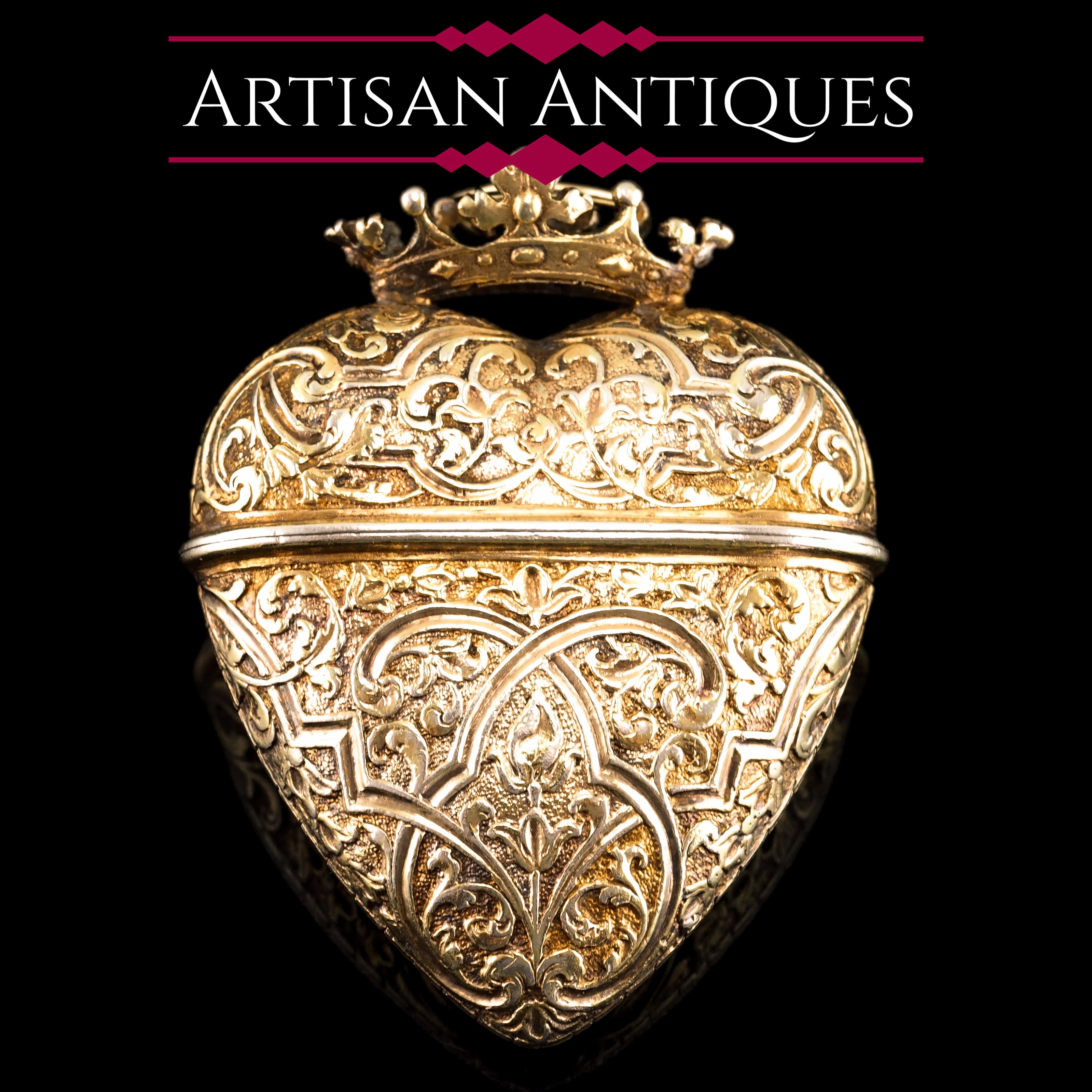 Antique Solid Silver Gilt Heart Shaped Box/Vinaigrette- 18th