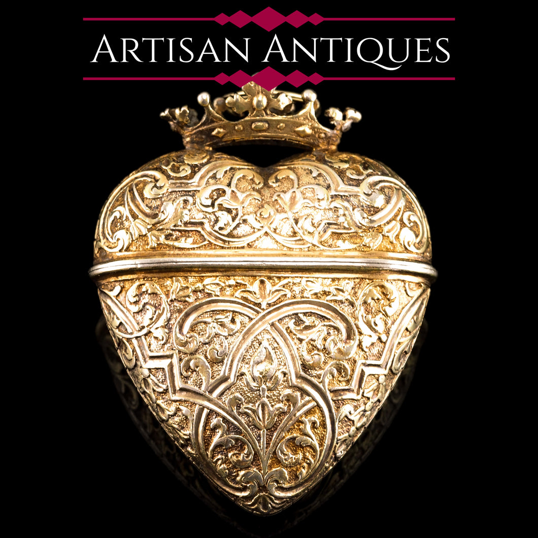 Antique Solid Silver Gilt Heart Shaped Box/Vinaigrette- 18th Century