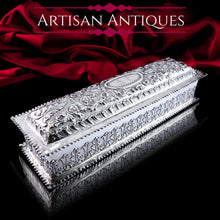 Load image into Gallery viewer, Giant Antique Edwardian Solid Silver Jewellery Box with Profuse Chased Decorations - Mappin &amp; Webb Ltd 1901
