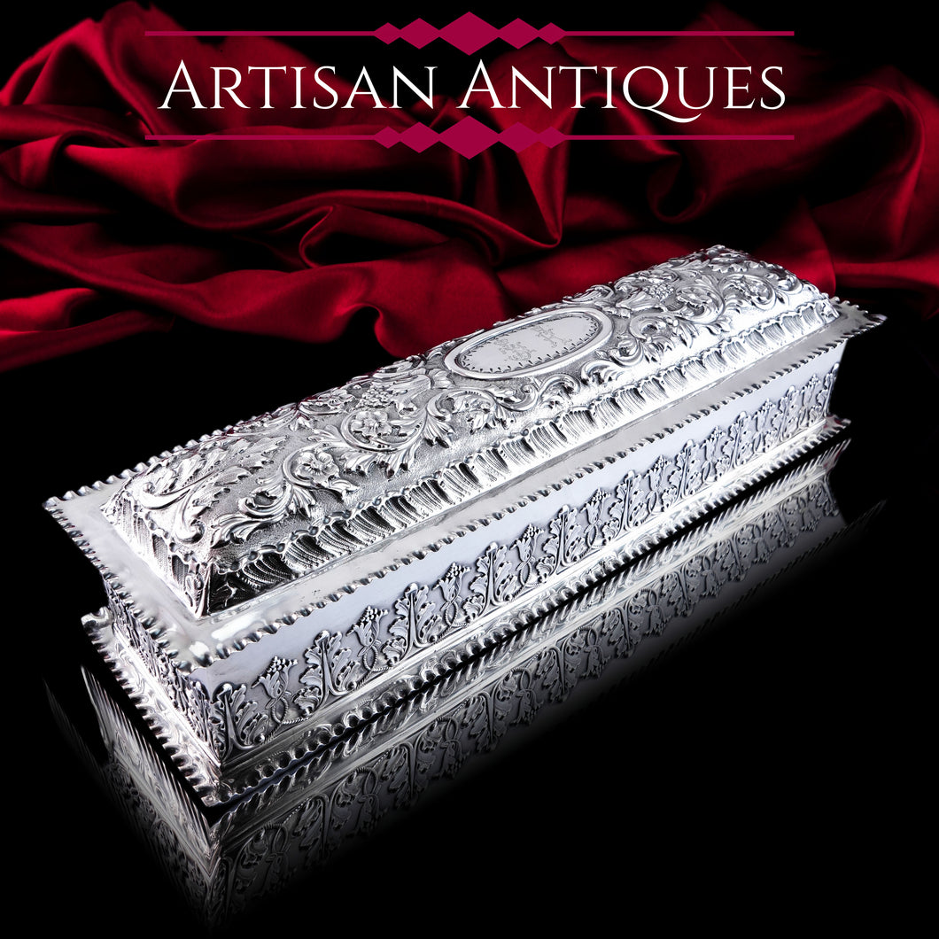 Giant Antique Edwardian Solid Silver Jewellery Box with Profuse Chased Decorations - Mappin & Webb Ltd 1901