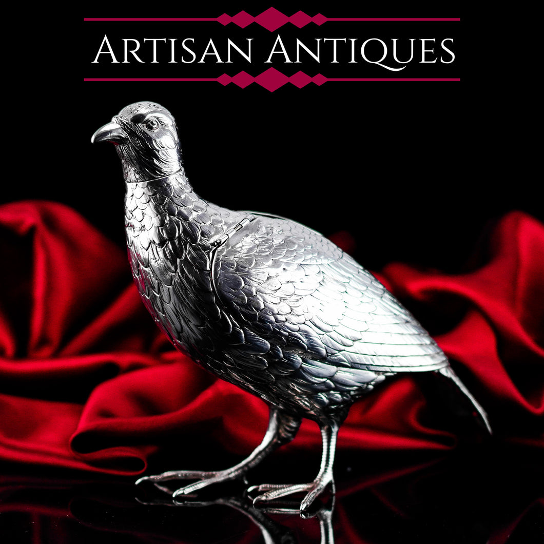 Antique Solid Silver Large Partridge/Grouse Bird Model Box - Edwardian 1910 Boaz Moses Landeck