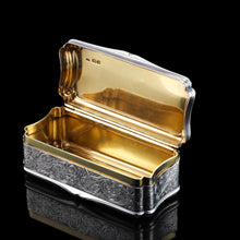 Load image into Gallery viewer, Antique Large Solid Silver Snuff Box Cartouche Shaped with Profuse Hand Engravings - London 1842

