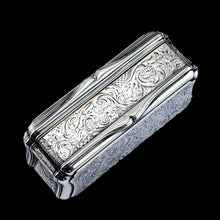 Load image into Gallery viewer, Antique Large Solid Silver Snuff Box Cartouche Shaped with Profuse Hand Engravings - London 1842
