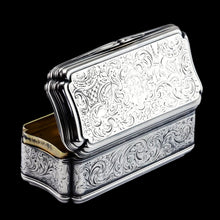 Load image into Gallery viewer, Antique Large Solid Silver Snuff Box Cartouche Shaped with Profuse Hand Engravings - London 1842
