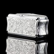 Load image into Gallery viewer, Antique Large Solid Silver Snuff Box Cartouche Shaped with Profuse Hand Engravings - London 1842
