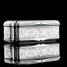Load image into Gallery viewer, Antique Large Solid Silver Snuff Box Cartouche Shaped with Profuse Hand Engravings - London 1842
