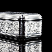 Load image into Gallery viewer, Antique Large Solid Silver Snuff Box Cartouche Shaped with Profuse Hand Engravings - London 1842
