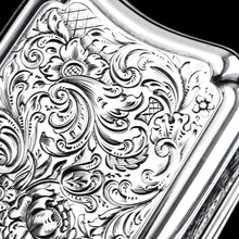 Load image into Gallery viewer, Antique Large Solid Silver Snuff Box Cartouche Shaped with Profuse Hand Engravings - London 1842
