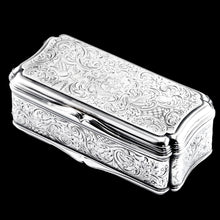 Load image into Gallery viewer, Antique Large Solid Silver Snuff Box Cartouche Shaped with Profuse Hand Engravings - London 1842
